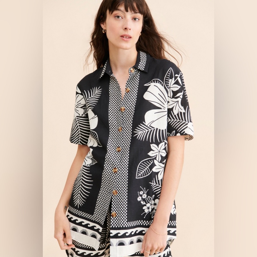 NWT Farm Rio Women’s Macaw Elegance Button Up‎ Shirt Black White Small w/ FLAWs